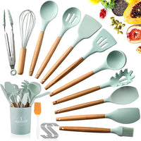 UTENSILIOS DE COCINA EN MADERA Y SILICONA  SET 14 PIEZAS COLOR VERDE