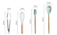 UTENSILIOS DE COCINA EN MADERA Y SILICONA  SET 14 PIEZAS COLOR VERDE