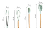UTENSILIOS DE COCINA EN MADERA Y SILICONA  SET 14 PIEZAS COLOR VERDE